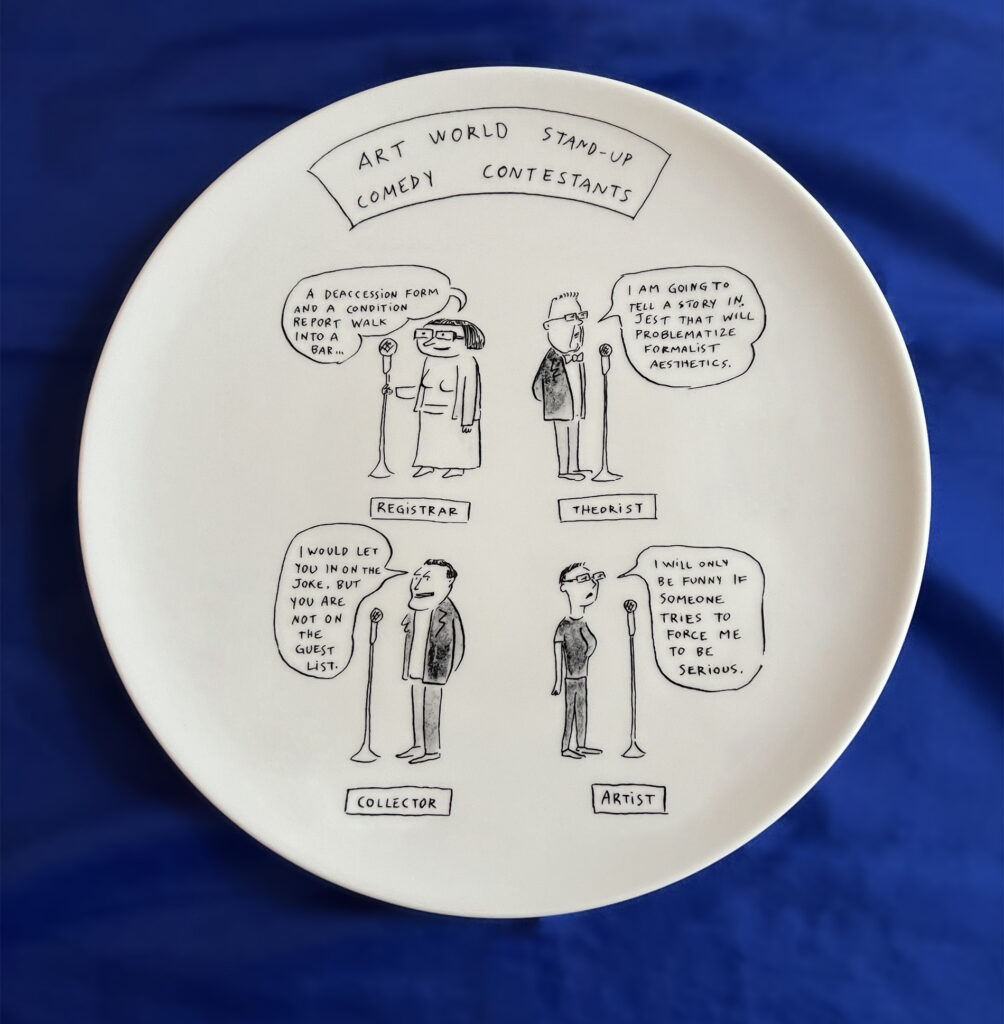 A photo of a white porcelain plate on a blue shiny fabric background. There is a cartoon drawn on the plate featuring 4 stand up comedians. The title stretches across the top saying "Art World Stand-up Comedy Contestants".